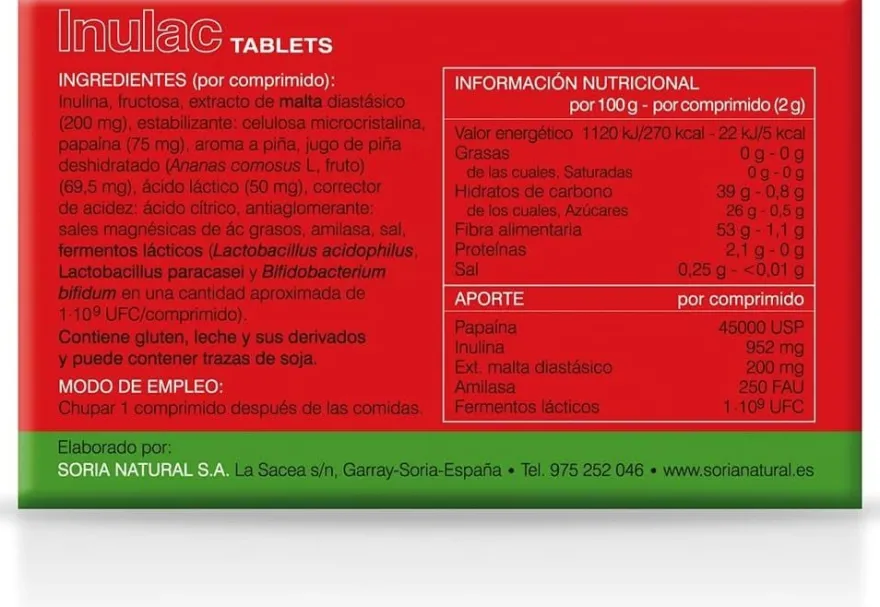Soria Natural Inulac Tabletas 30 Tabletas