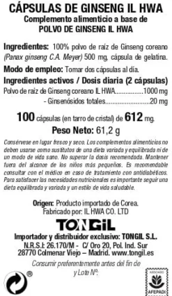 Tongil Ginseng Tarro IL Hwa 100 Cápsulas