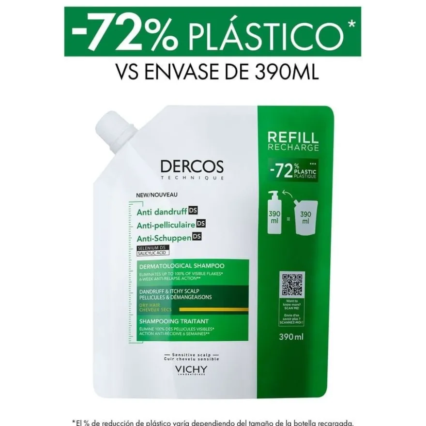 VICHY Dercos Champú Anticaspa Cabello Seco ECO RECARGA 390ml