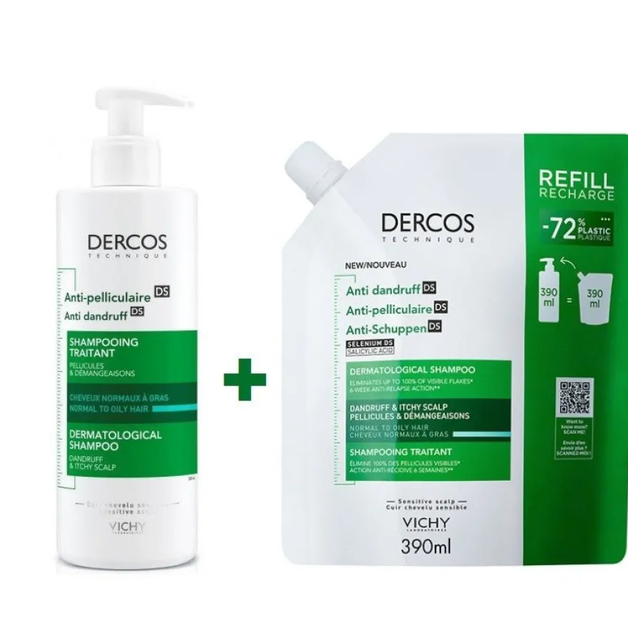 VICHY Dercos Champú Anticaspa Cabello Normal-Graso 390ml + Eco Recarga 390ml