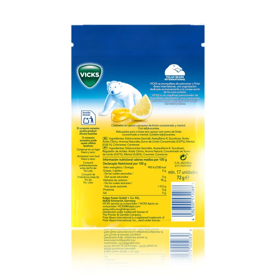 Vicks Caramelos de Limón Duro Sin Azúcar 72g