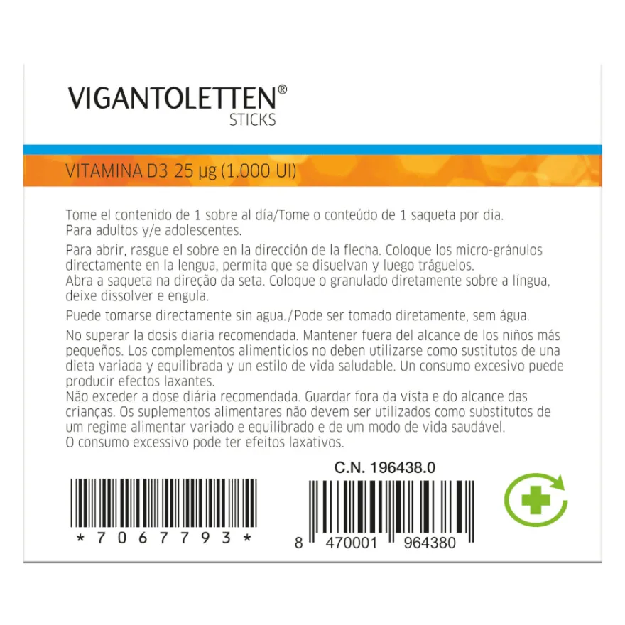 VIGANTOLETTEN Vitamina D3 Sticks 30 Unidades