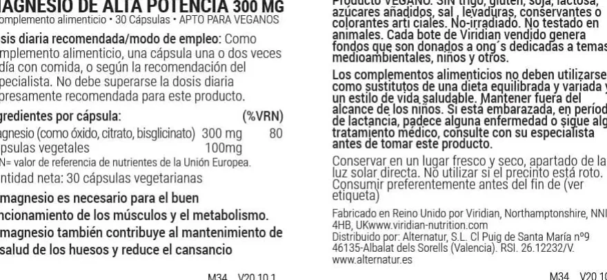 Viridian Magnesio de Alta Potencia 300 Mg 30 Vcaps