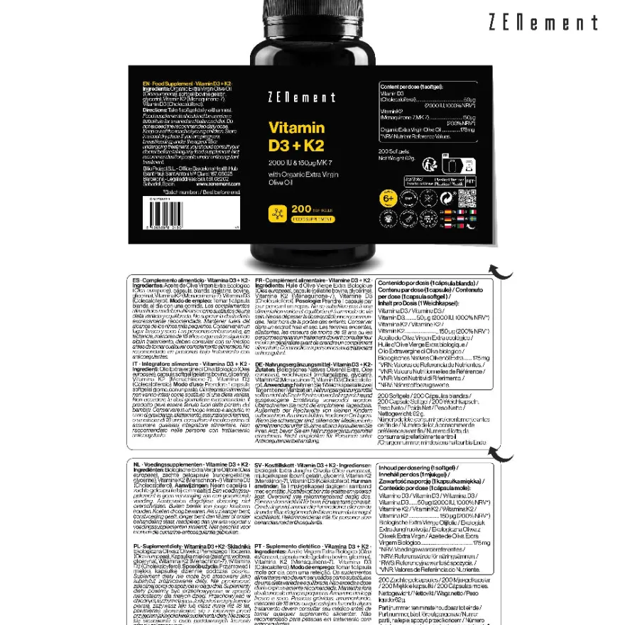 Zenement Vitamina D3 + K2 2000 UI 200 cápsulas